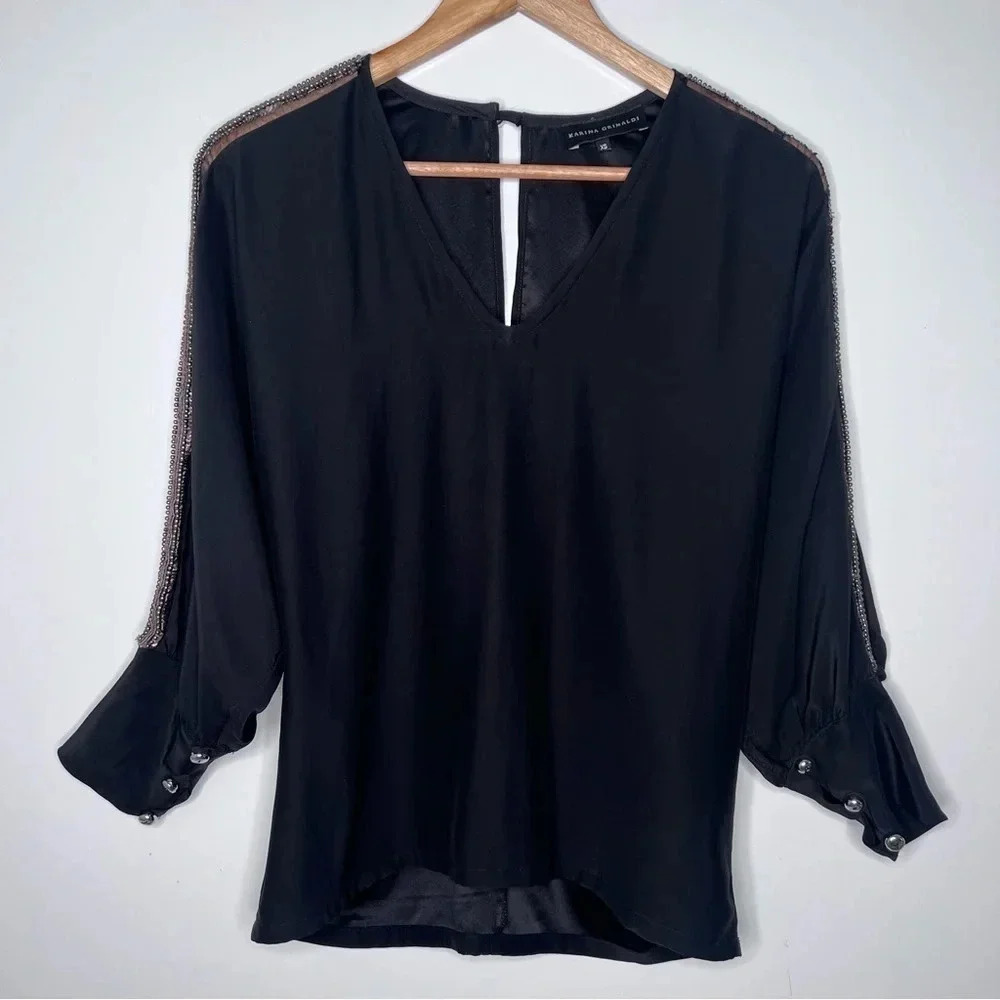 Karina Grimaldi 100% Silk Black Sequin/Beaded Sleeve Blouse Size XS